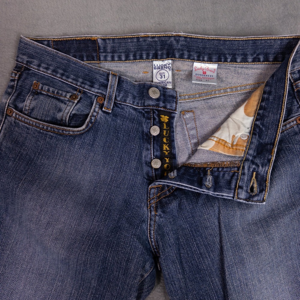 Lucky Brand Dungarees Mens 31 Blue Good Frayed Hem Button Fly Made in USA Jeans